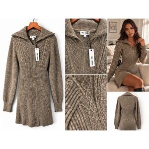 NWT Day Moon Knit Sweater Dress L Brown Zip Cable Knit Bodycon Cozy Soft Neutral